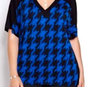 TOP, DOLMAN SLEEVES, BLACK & BLUE, SZ 4X, VEE NECK, HOUNDSTOOTH PRINT, VISCOSE/